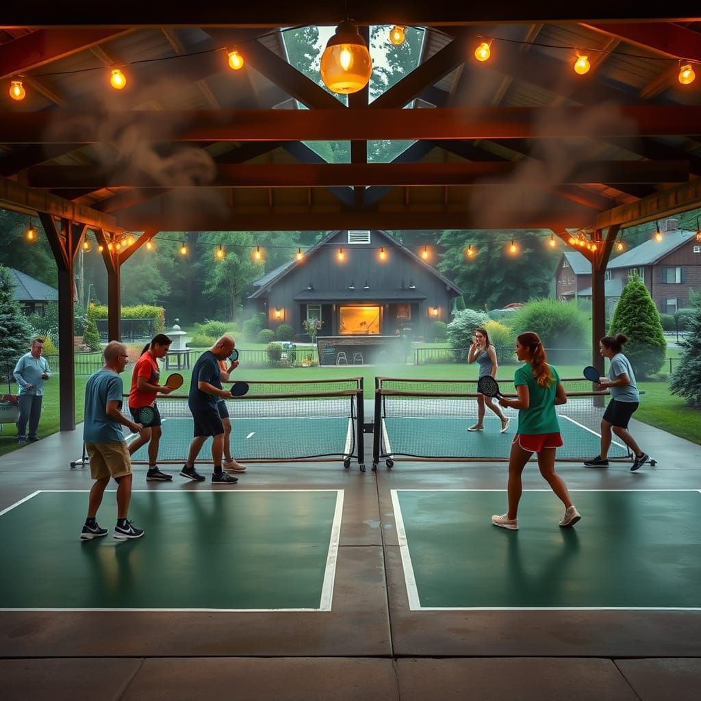 Impressionistic Pickleball Game in a Misty Pavilion