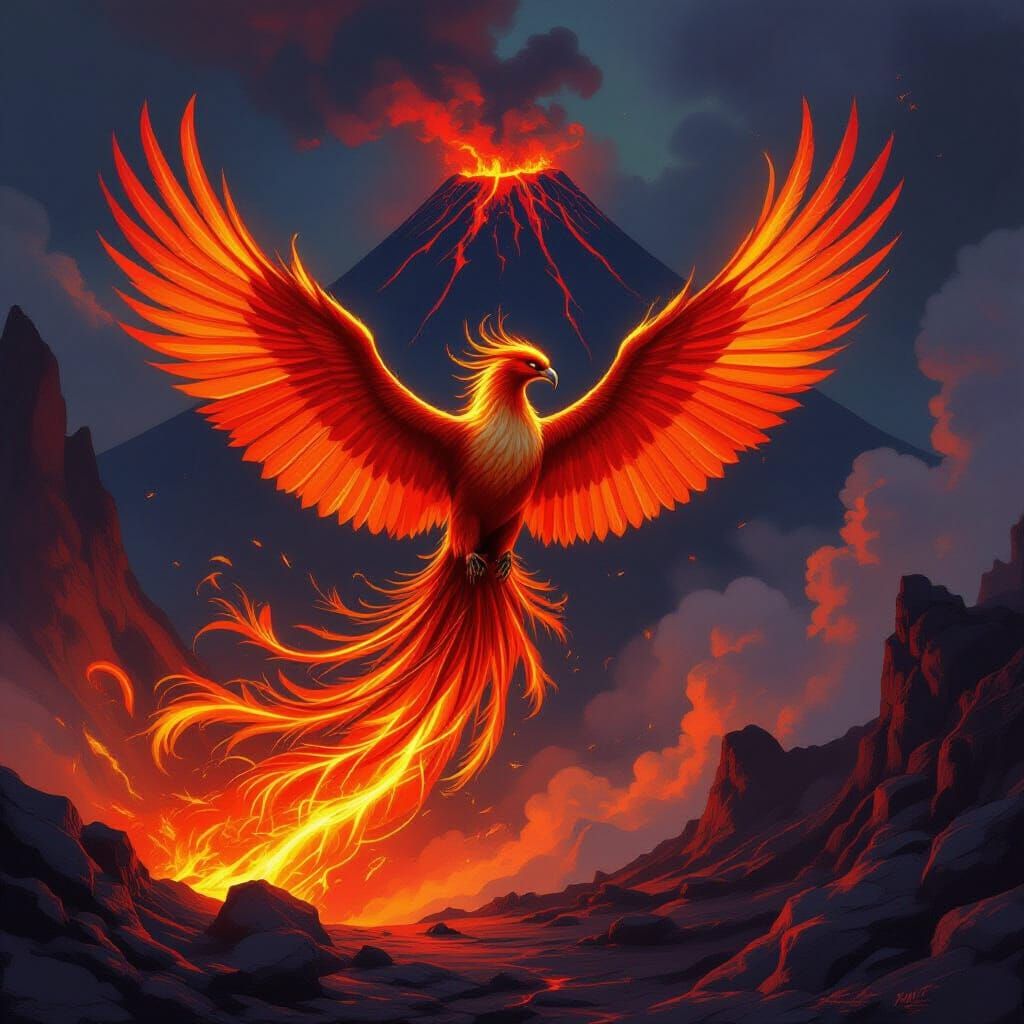Majestic Phoenix Soaring Over Volcanic Landscape