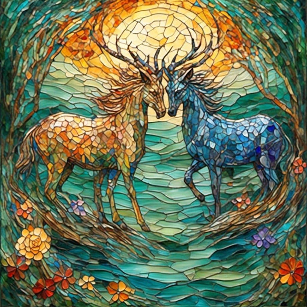 Enchanting Kiss: Fairy and Elf Lord in Stained Glass