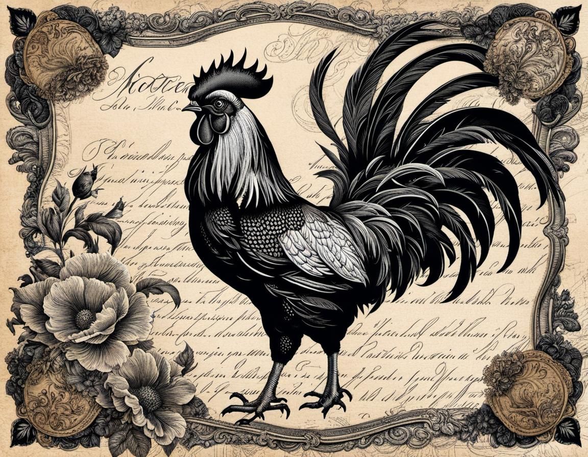 Vintage Rooster Illustration for Decoupage in Fine Line Art