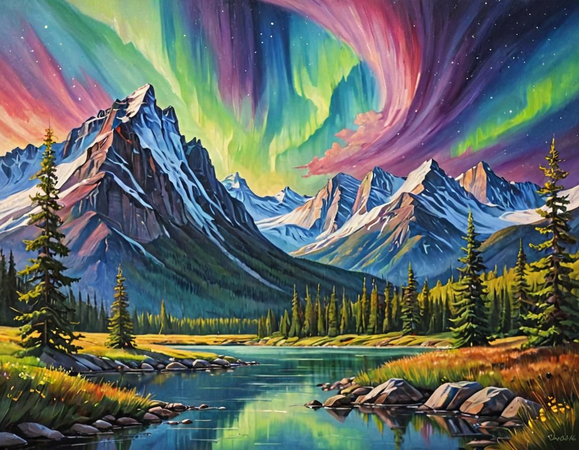 Vibrant Oil Painting: Mountain Range Aurora Borealis