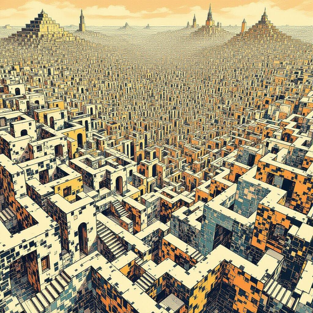 Escher-Inspired Tessellation: Never-Ending Maze Cityscape