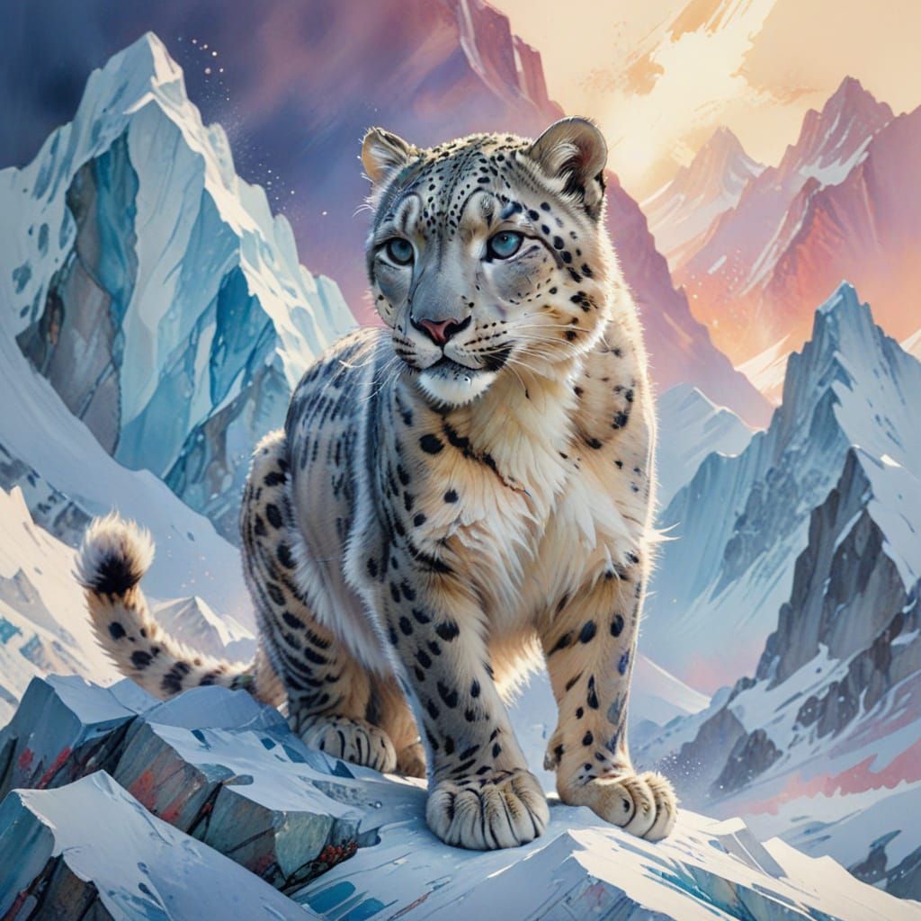 Snow Leopard on Glacier Ridge in Neo-Impressionist Style
