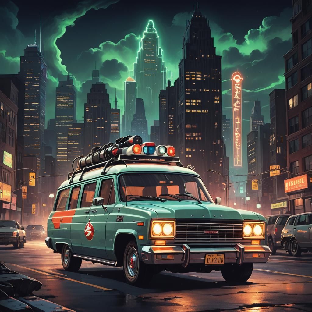 Ghostbusters Van in Retro Sci-Fi Cityscape