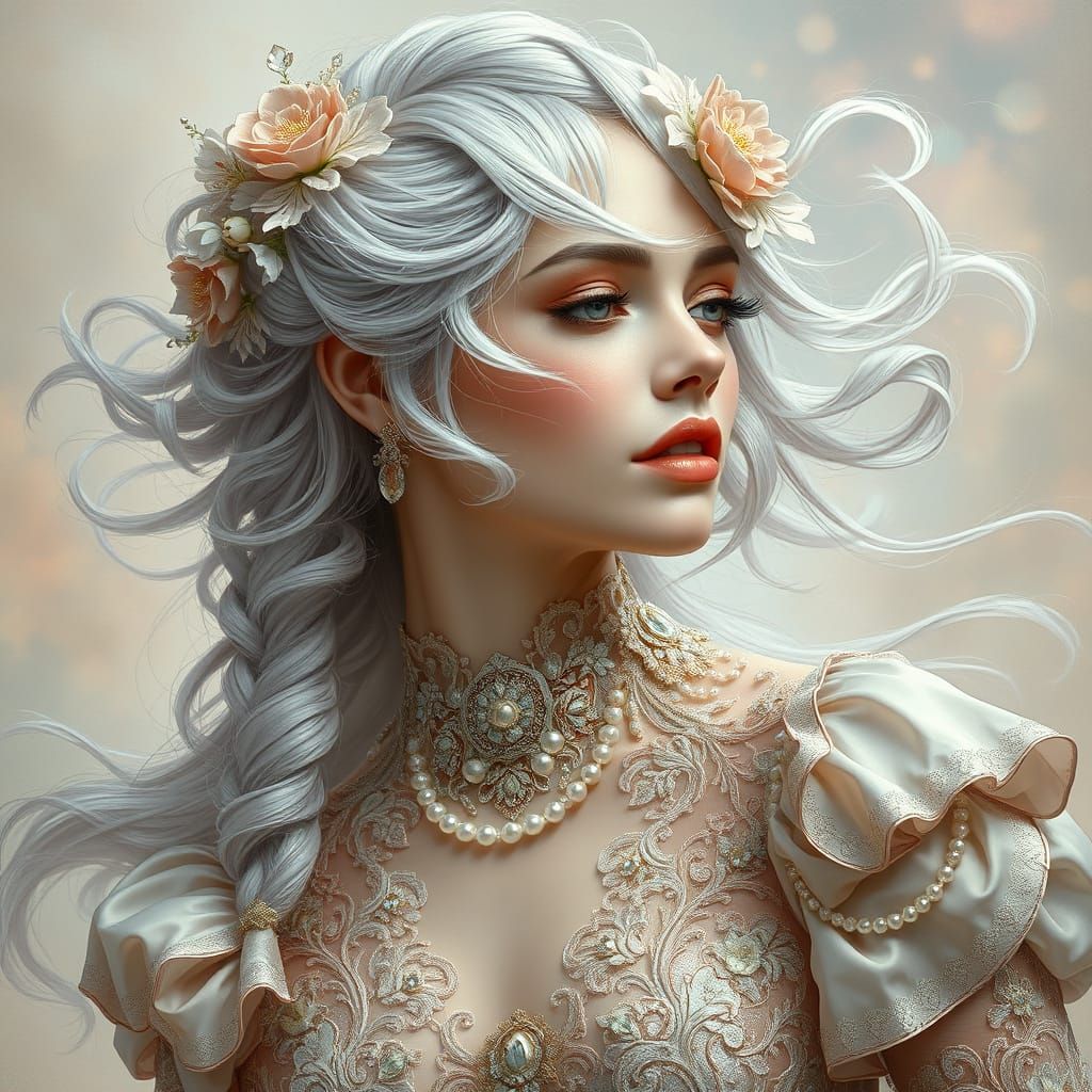 Elegant Woman with Silver Hair in Art Nouveau Style