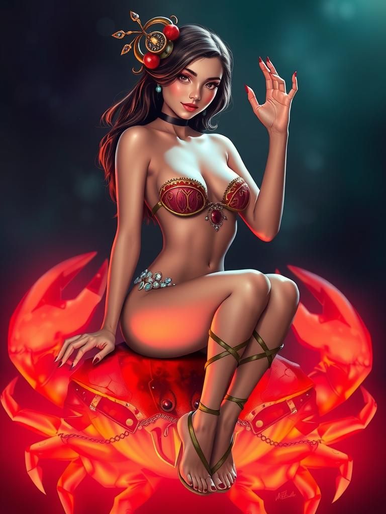 Pinup girl sitting on Cancer zodiac