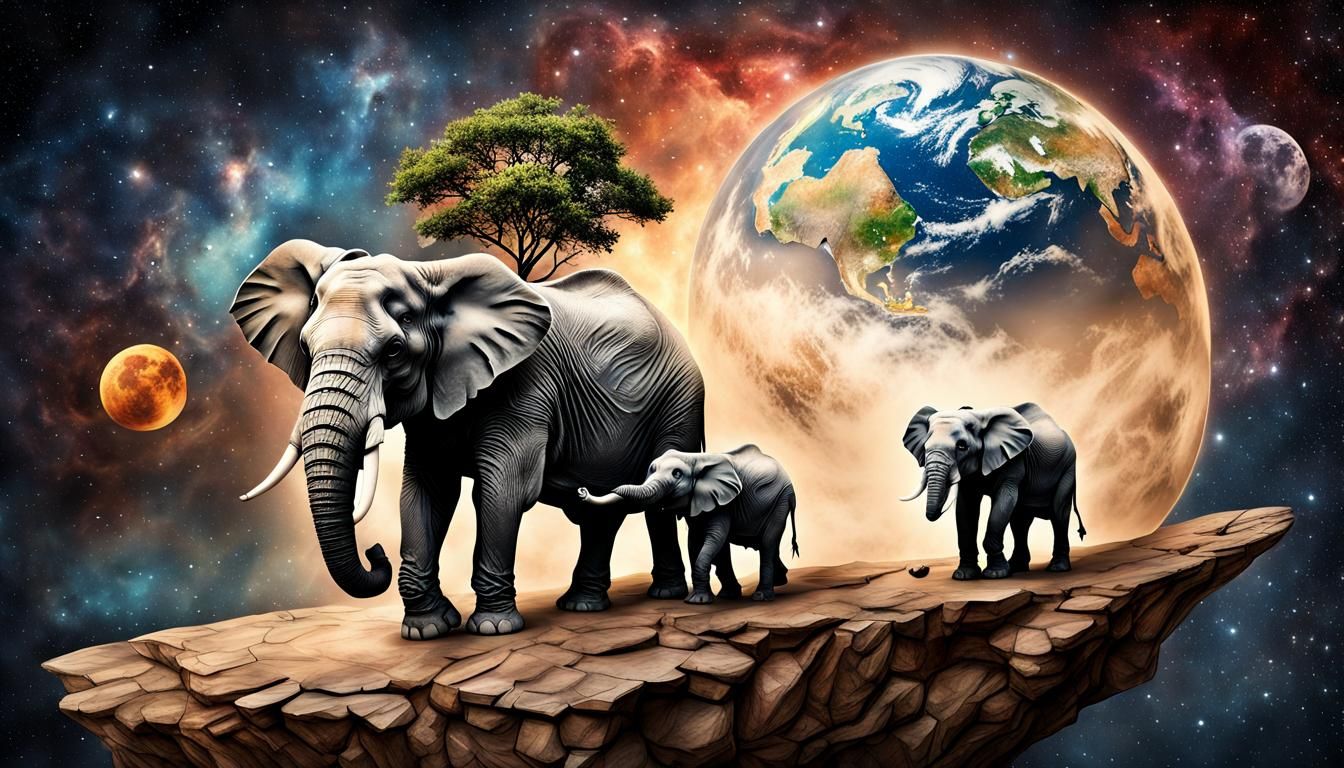 Elephants Safeguarding Earth in Dreamy Space Art