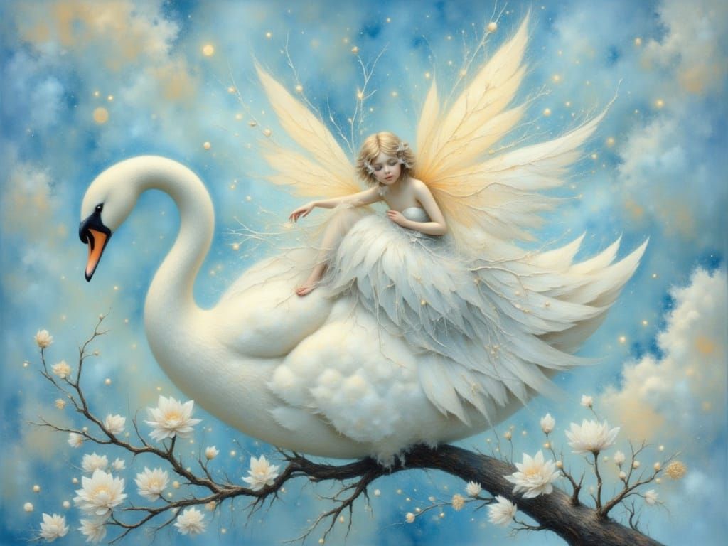 Ethereal Fairy Riding Swan Through Sky