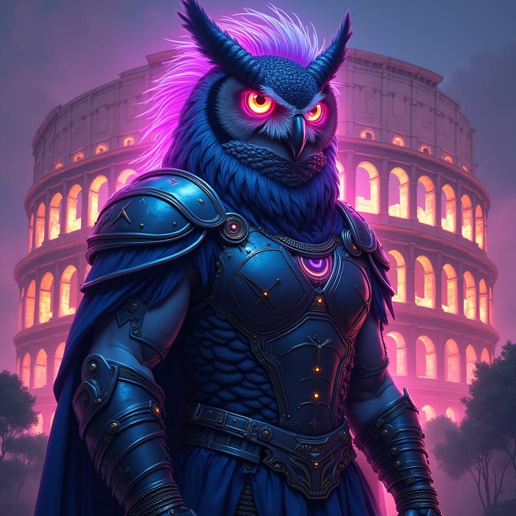 Cyberpunk Owl Roman Soldier in Futuristic Colosseum
