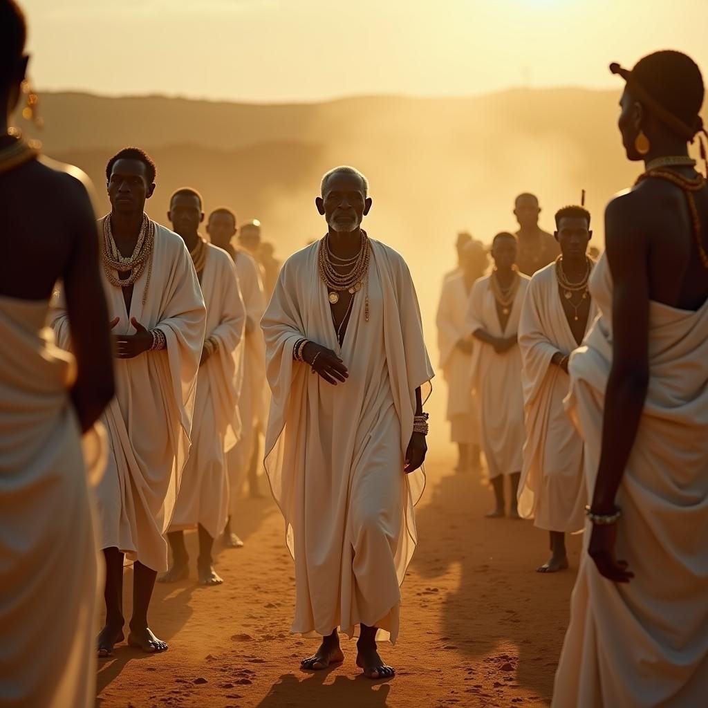 Ancient African Village Scene with Orishas and Elder