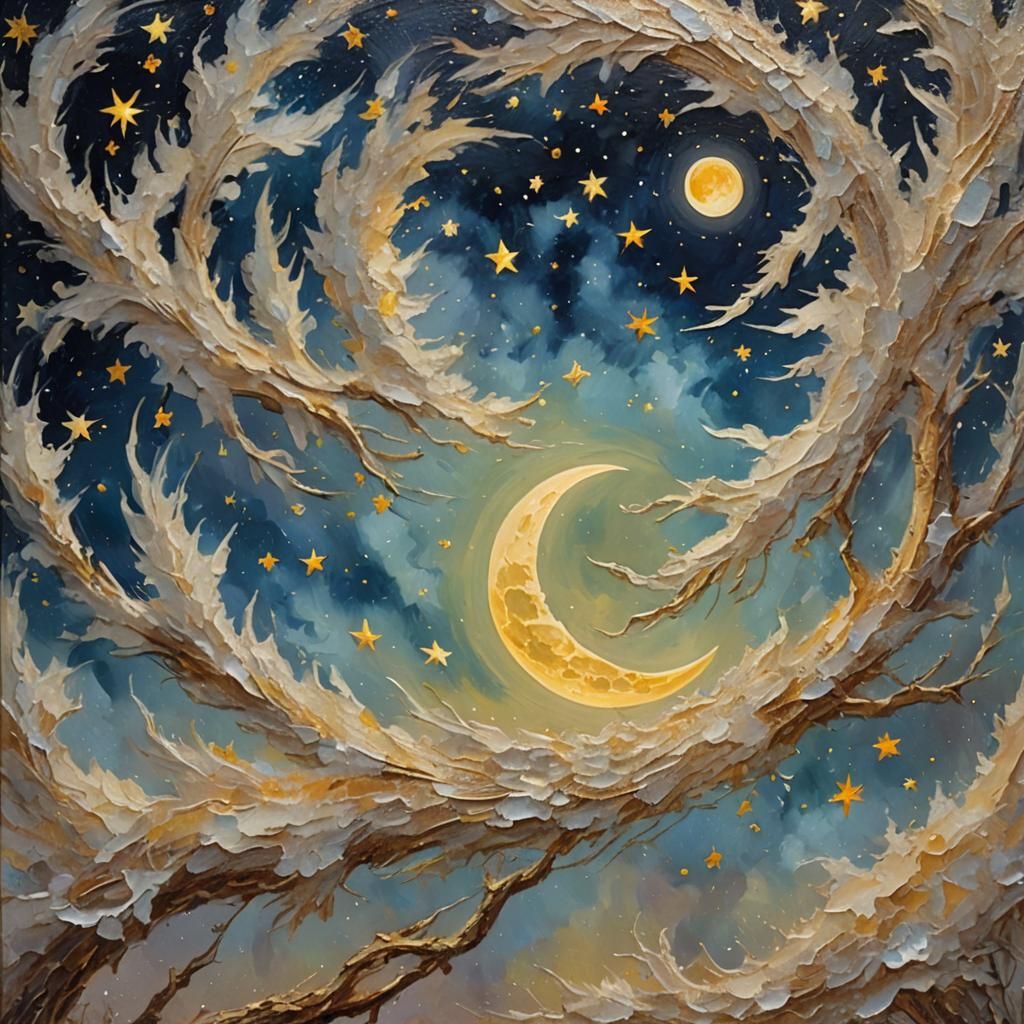Smiling Moon in Starry Night Sky Oil Painting