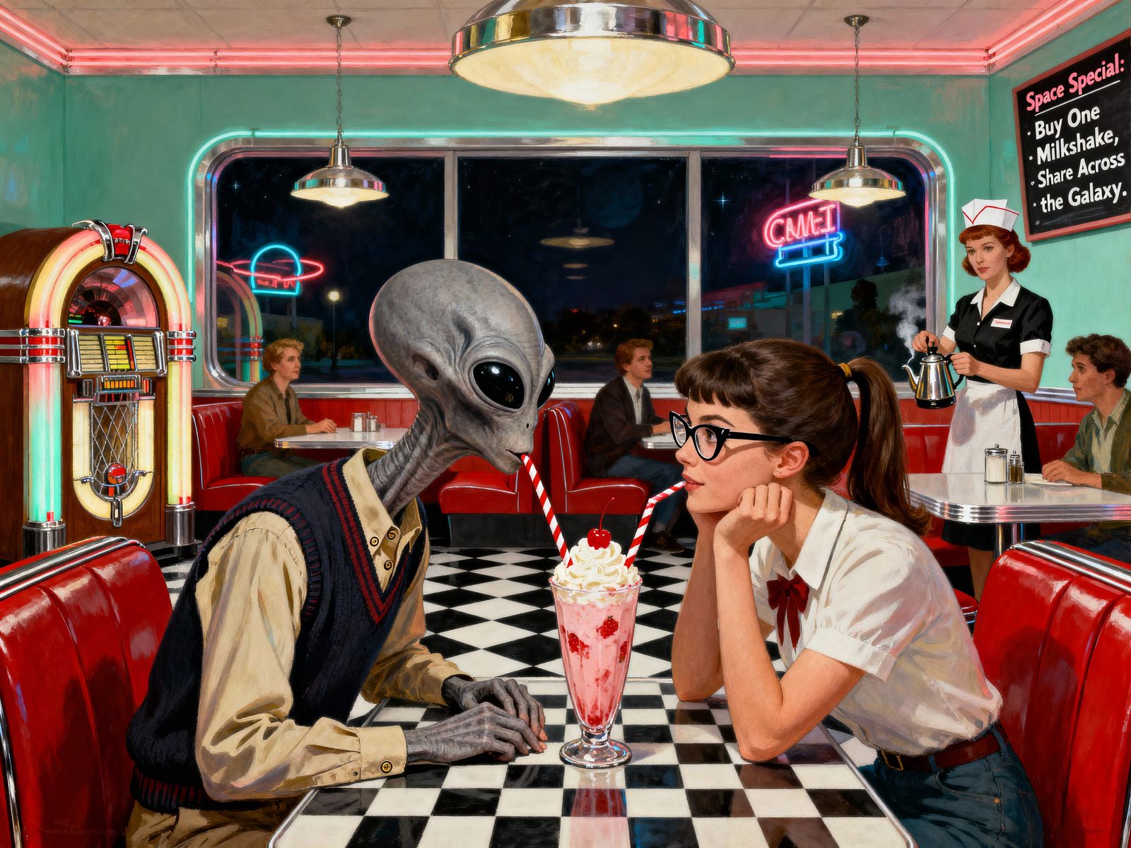 Alien and Human Share Milkshake in Retro Diner