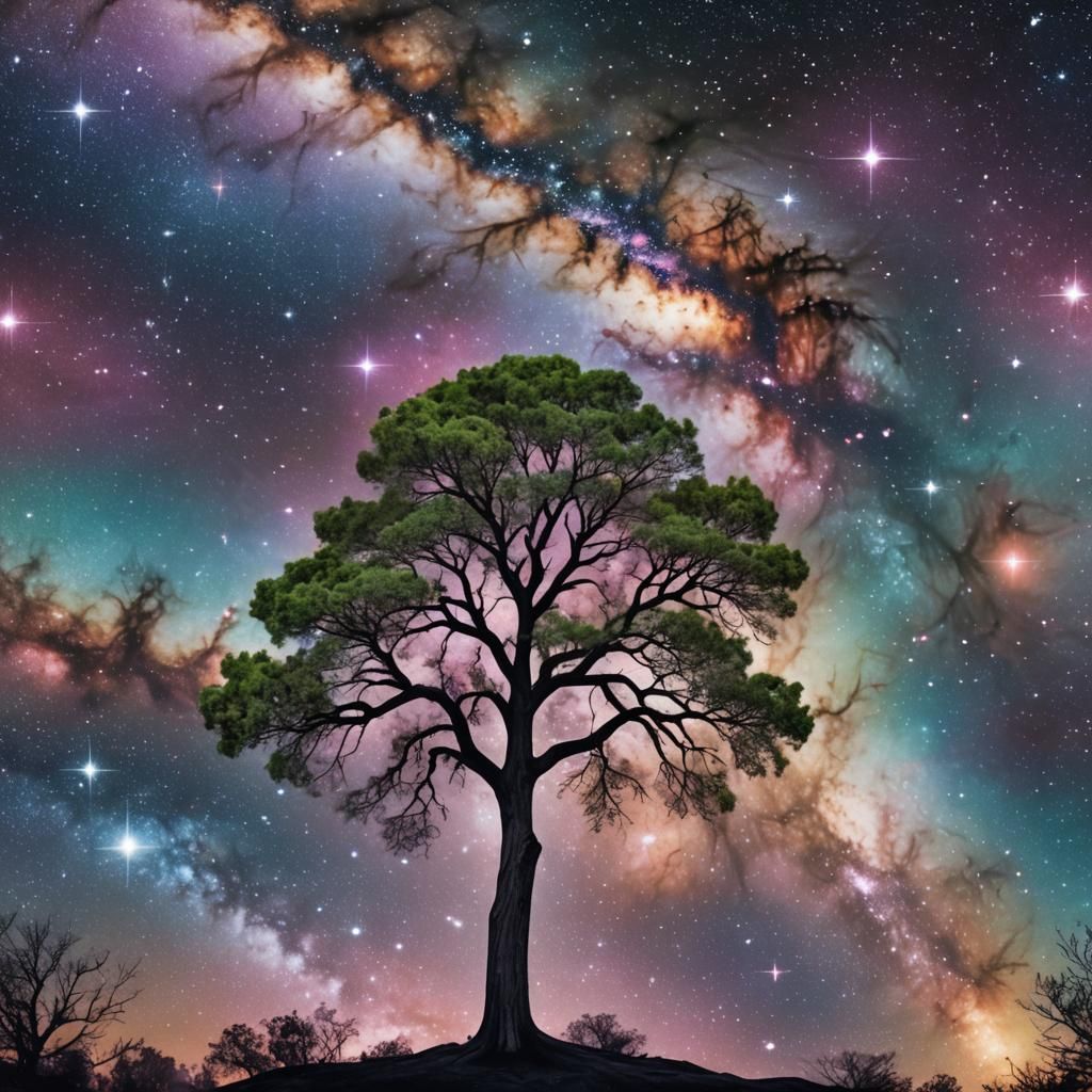 Cosmic Galaxy Tree Against Starry Background