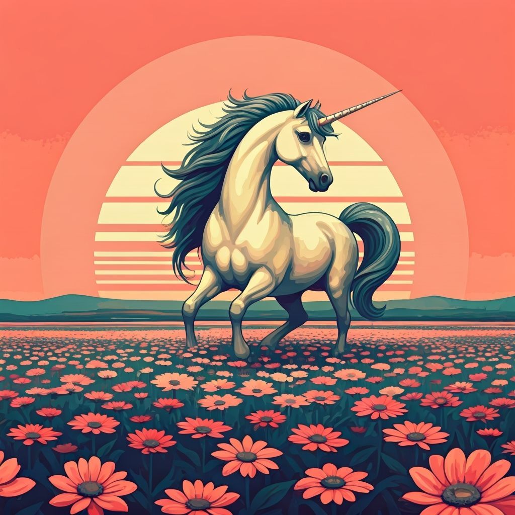 Vintage Unicorn in Sunset Flower Field
