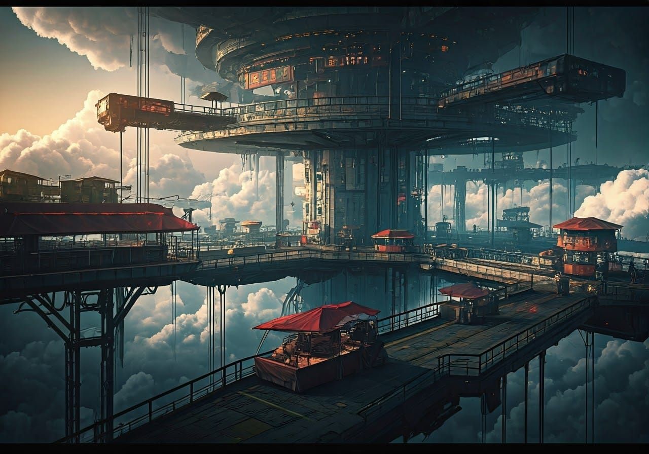 Retro-Futuristic Market Stalls on a Colossal Space Station