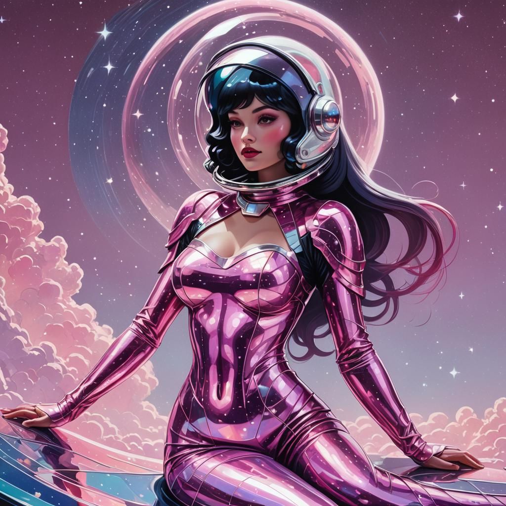 Iridescent Space Mermaid in Glass Coffin, Pop Art Style