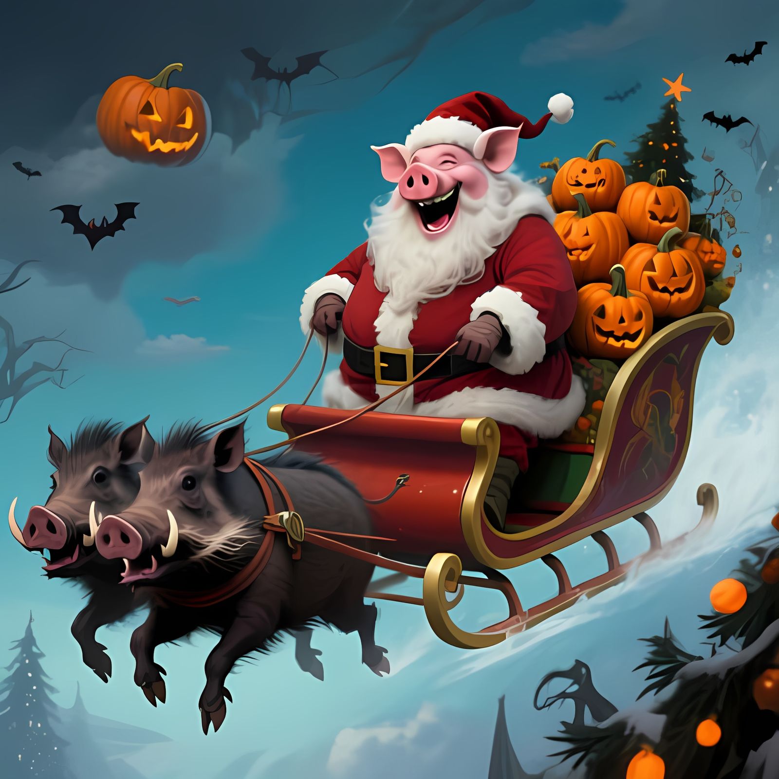 The Hogfather: Pig-Headed Santa Rides a Pumpkin Sleigh
