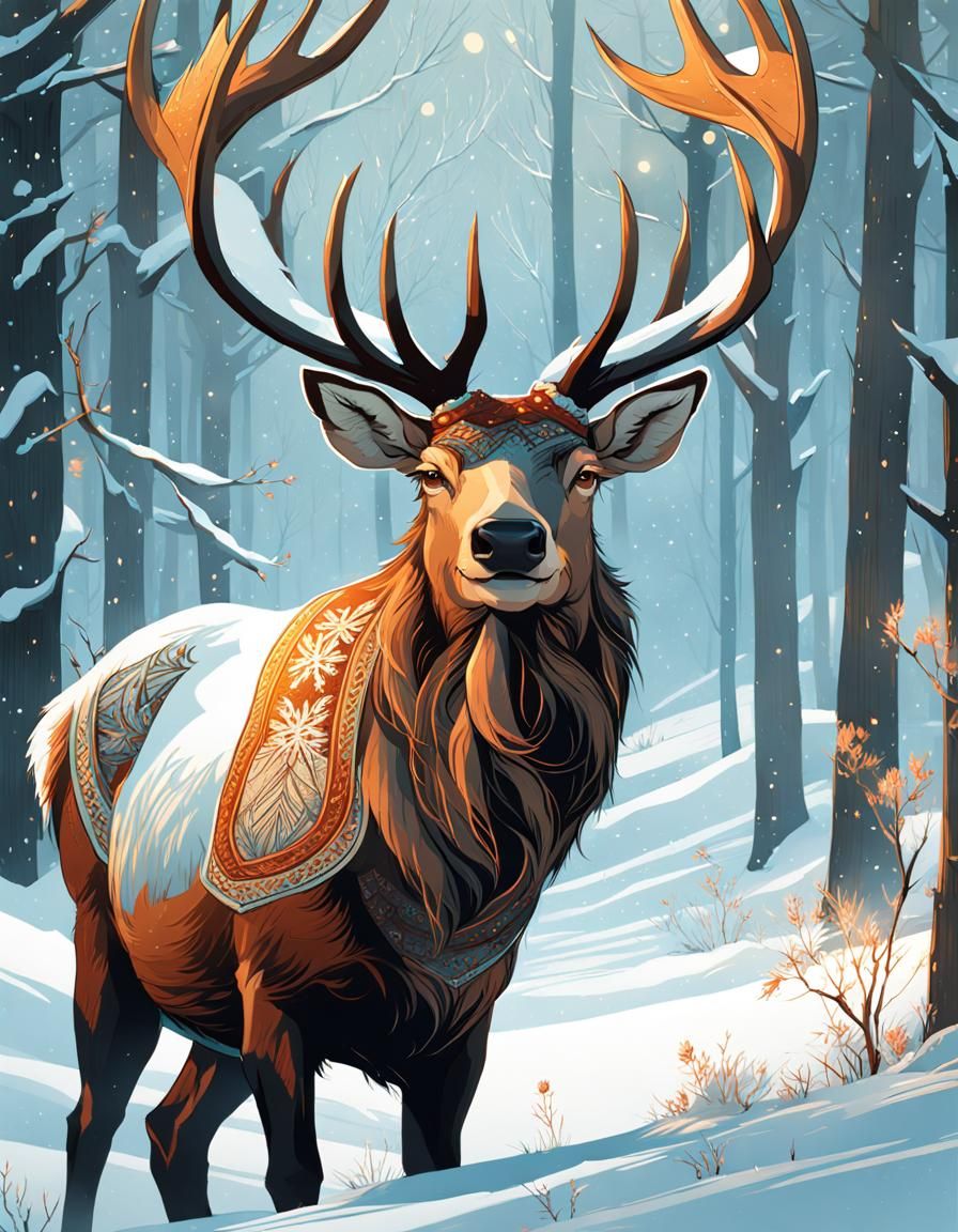 Elk in Beanie: Winter Scene Digital Painting