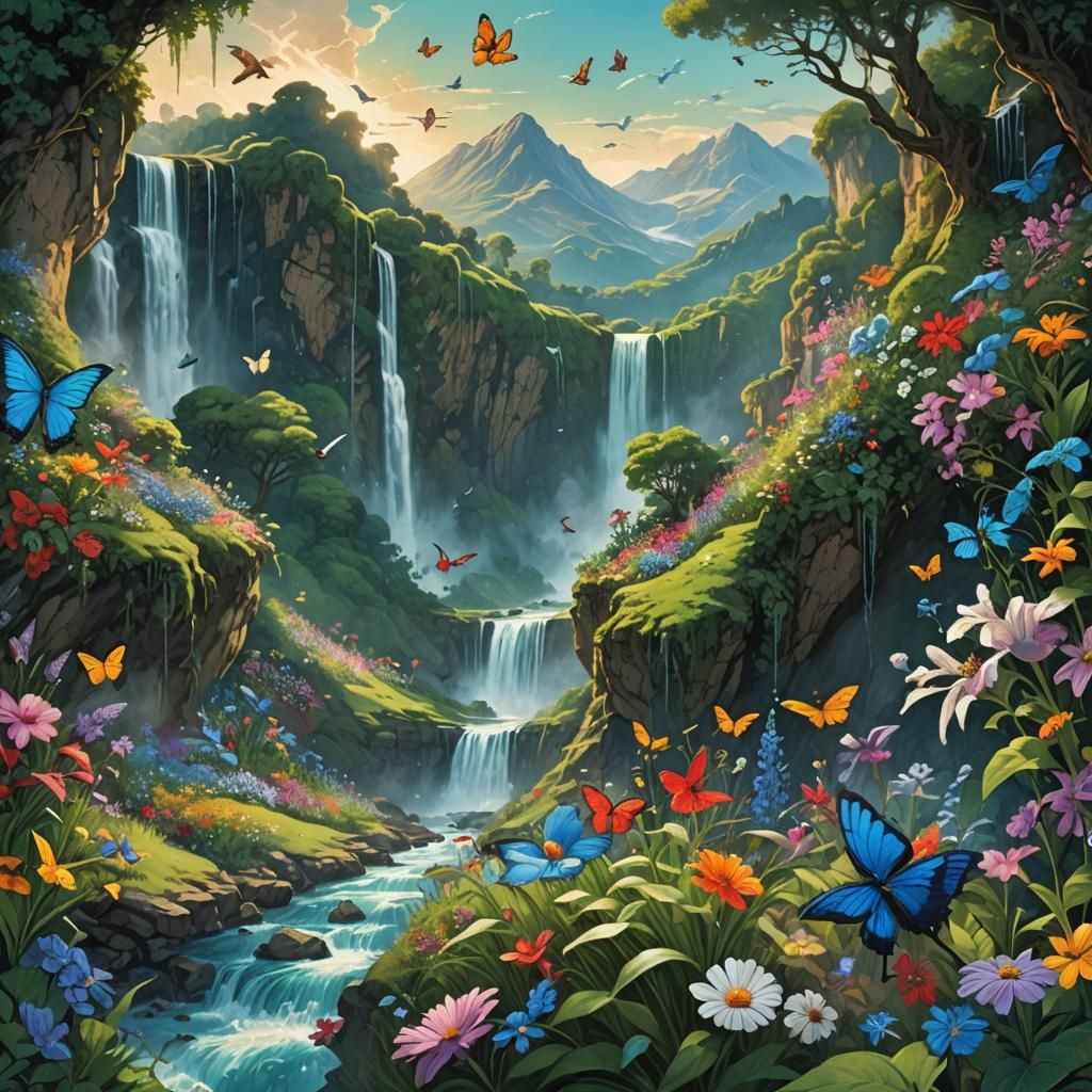 Fantasy Mountain with Birds and Butterflies