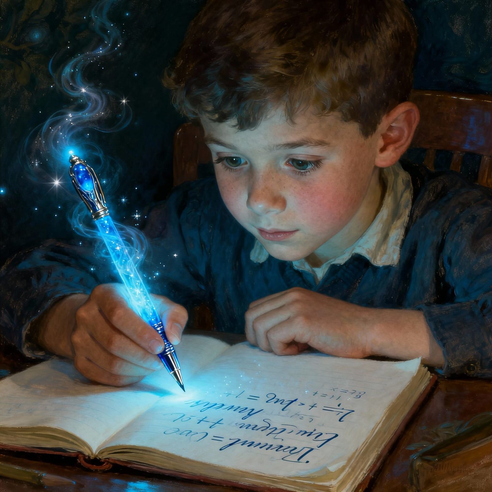 Child's Magical Pen Writes Homework in Ethereal Glow