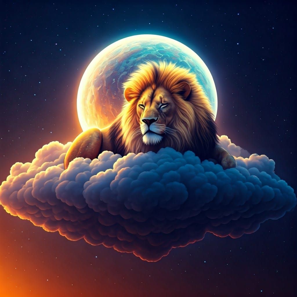 Lion Asleep on Cloud in Cosmic Astral Art