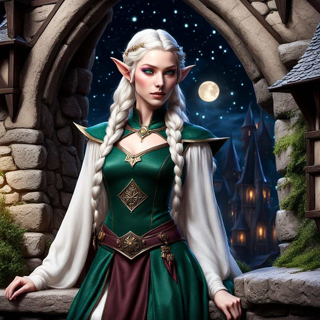 Female Elf Wizard In Cobblestone Park