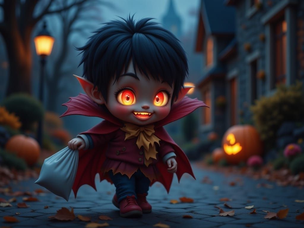 Adorable Vampire Trick-or-Treating with Glowing Eyes