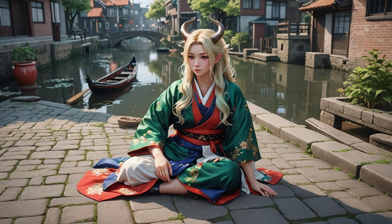 Anime Style Woman with Horns in Dutch Town