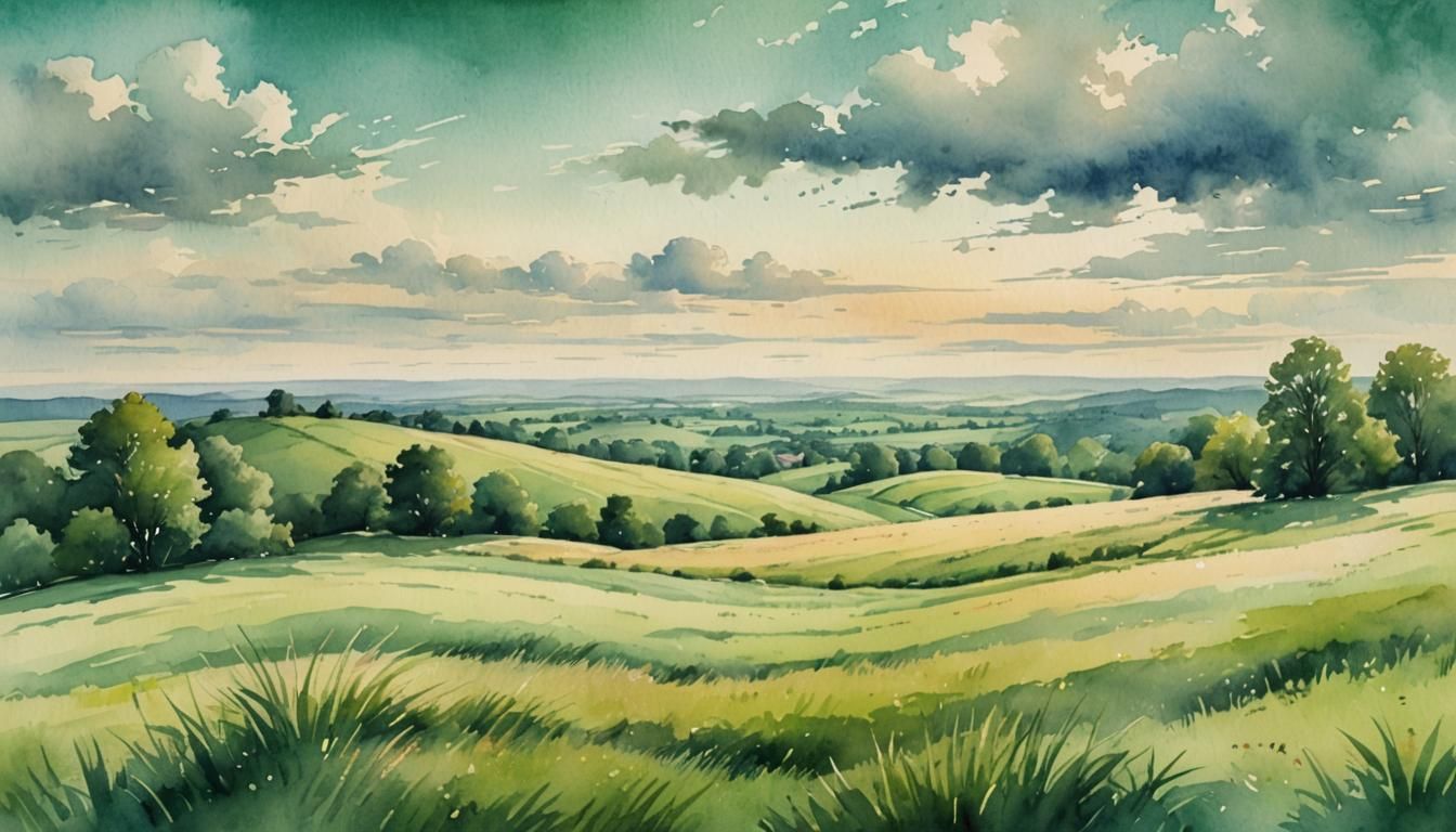 Panoramic Hillside in Serene Watercolor Style