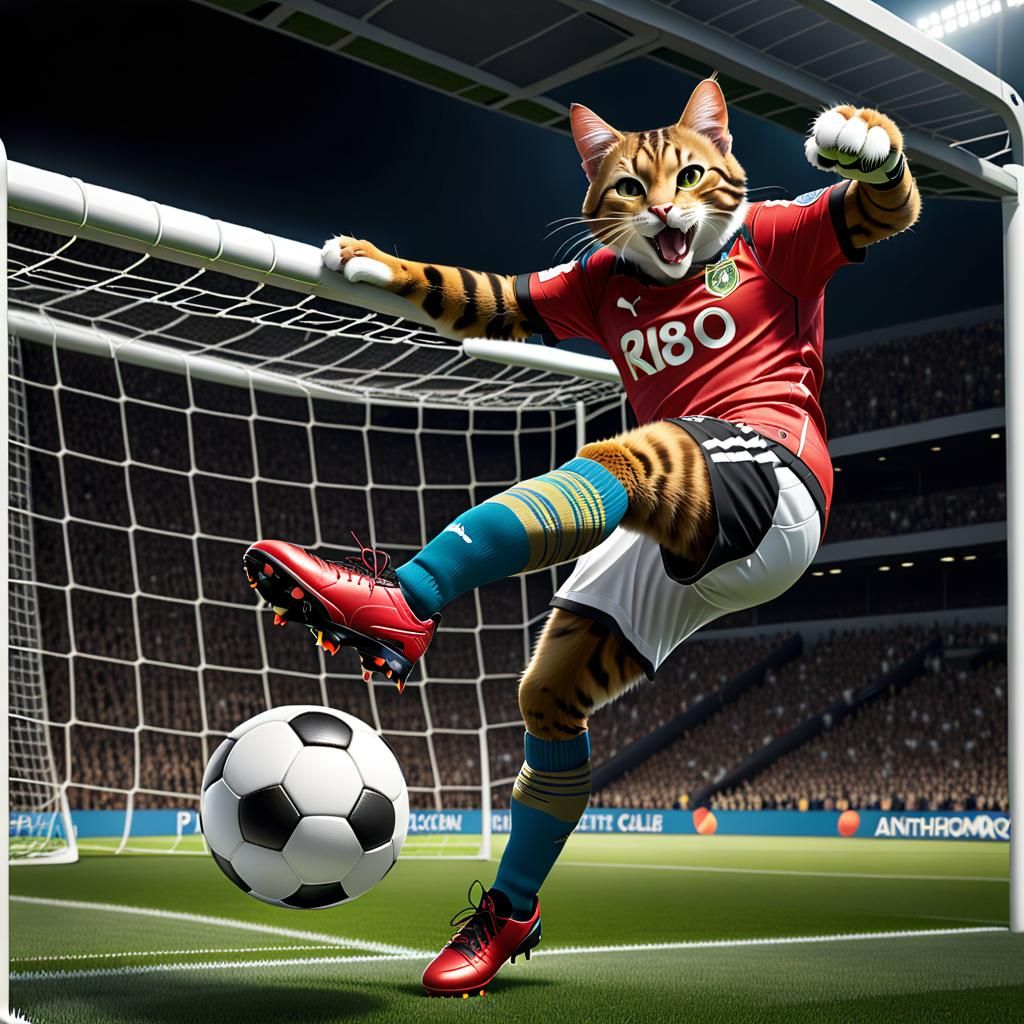 Hyperrealistic Cartoon Cat Soccer Player Kicking Goal