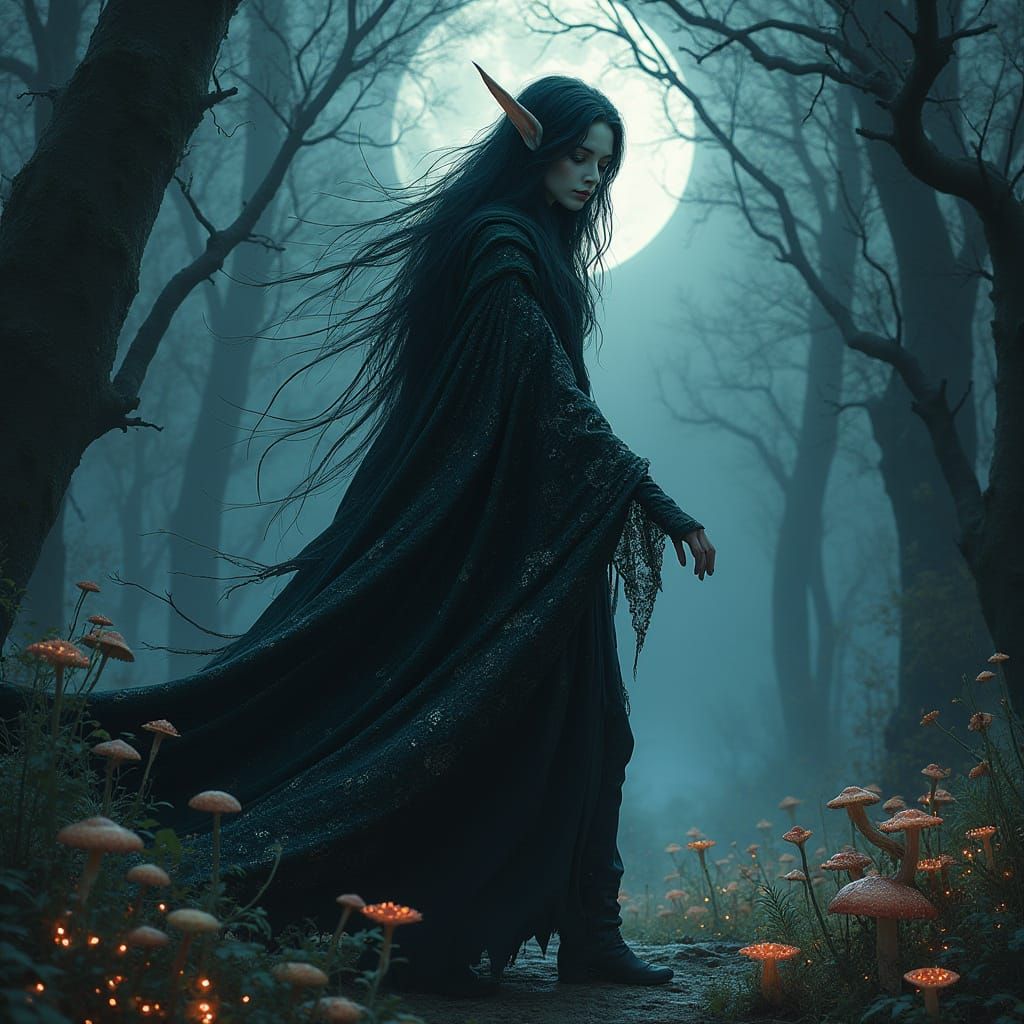 Gothic Elven Necromancer in Moonlit Forest