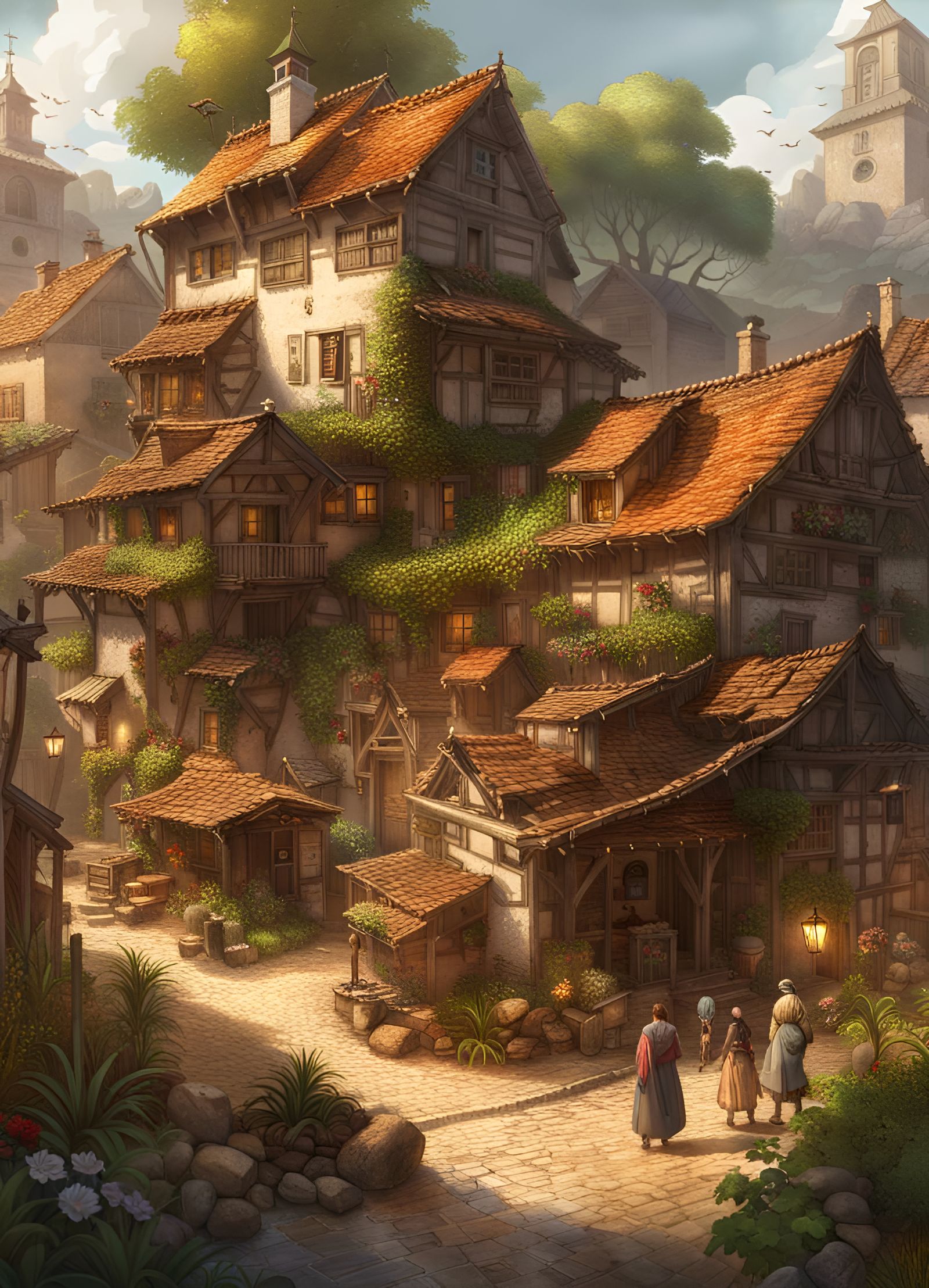 Countryside Village Illustration in Rococo Style