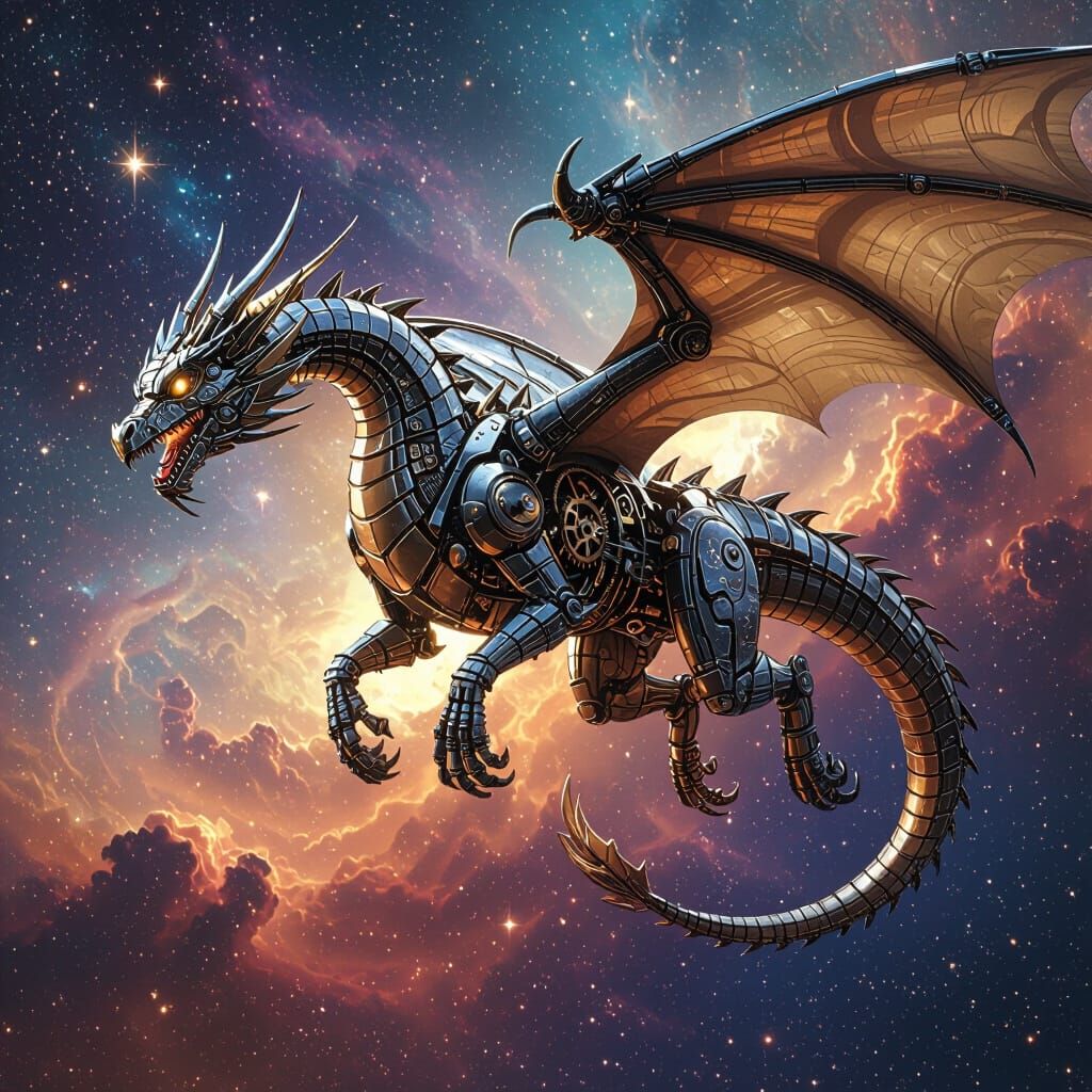 Clockwork Dragon Soaring Through Nebula in Sci-Fi Style