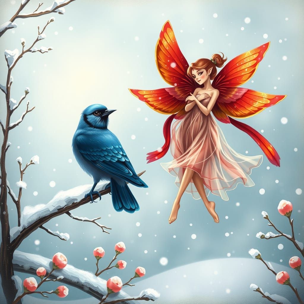Winter Whimsy: Iridescent Birds and Ruby Red Fairies Dance i...