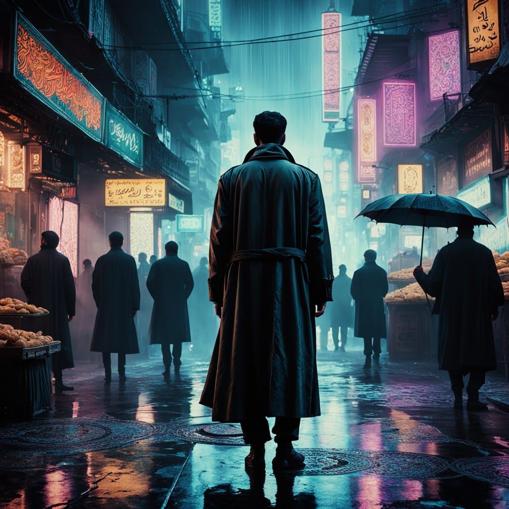 Cyberpunk Marketplace at Night in Neo-Noir Style