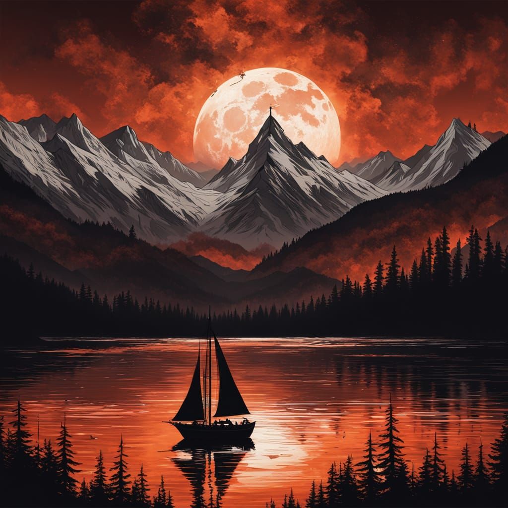 Blood Moon Over Mountains and Lake in Dark Fantasy Style