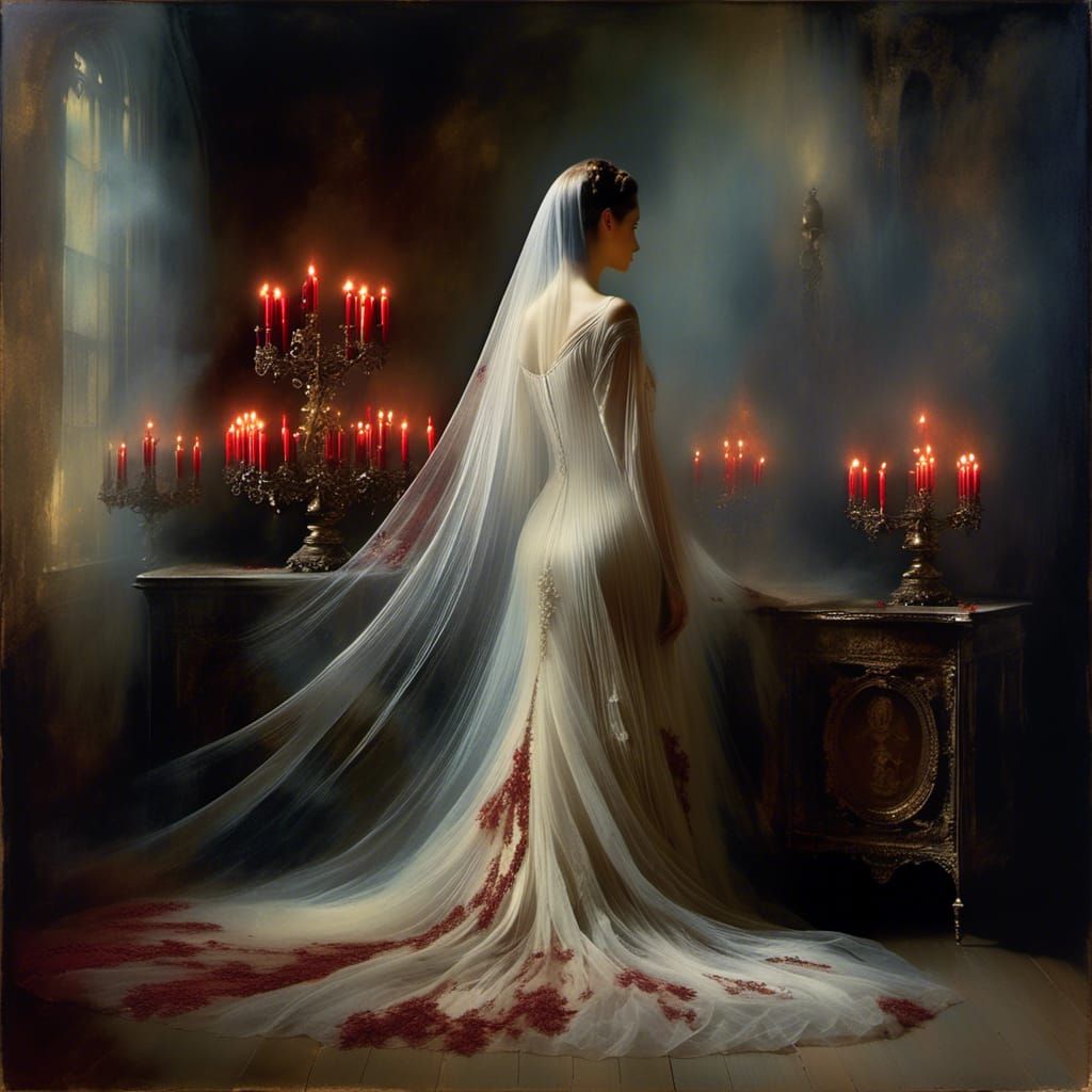 Ethereal Ghost Woman with Candles, Oils and Brushstrokes