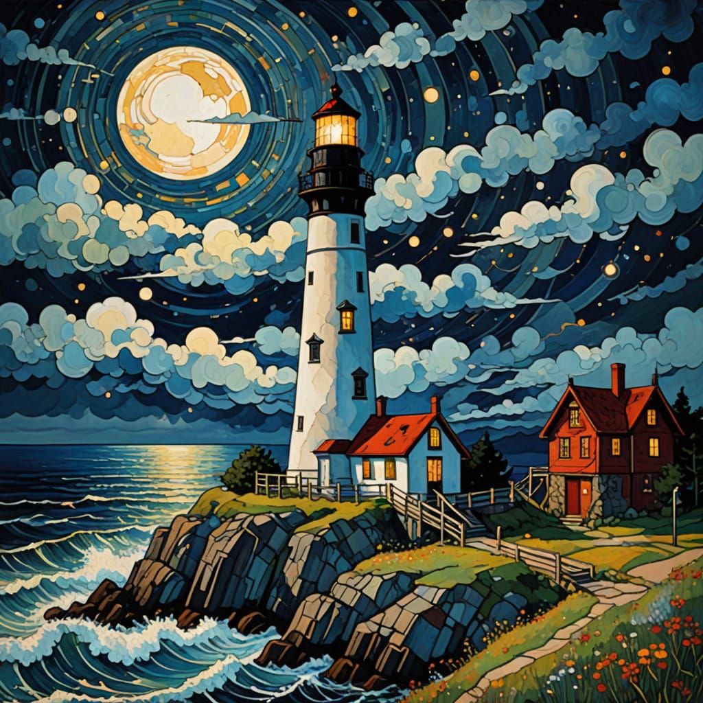 Lighthouse Against Stormy Sky as Action Painting