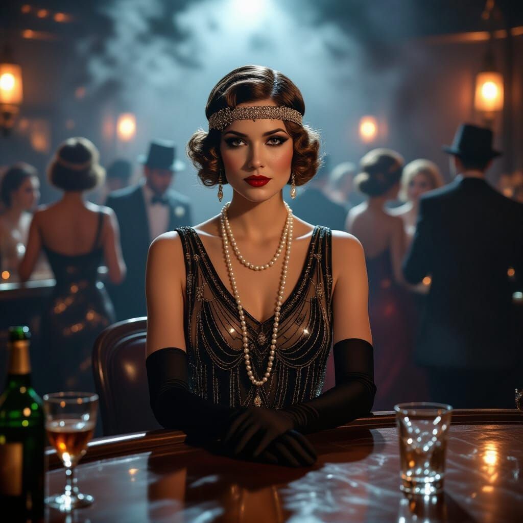 1920s Femme Fatale at a Smoky Speakeasy