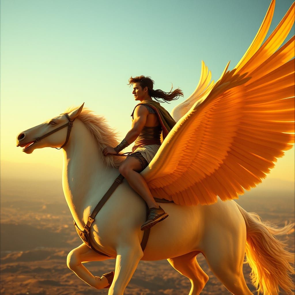 Heroic Perseus Rides Pegasus in Golden Sunset