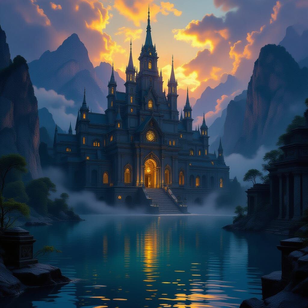 Submerged Ancient City in Mountain Lake