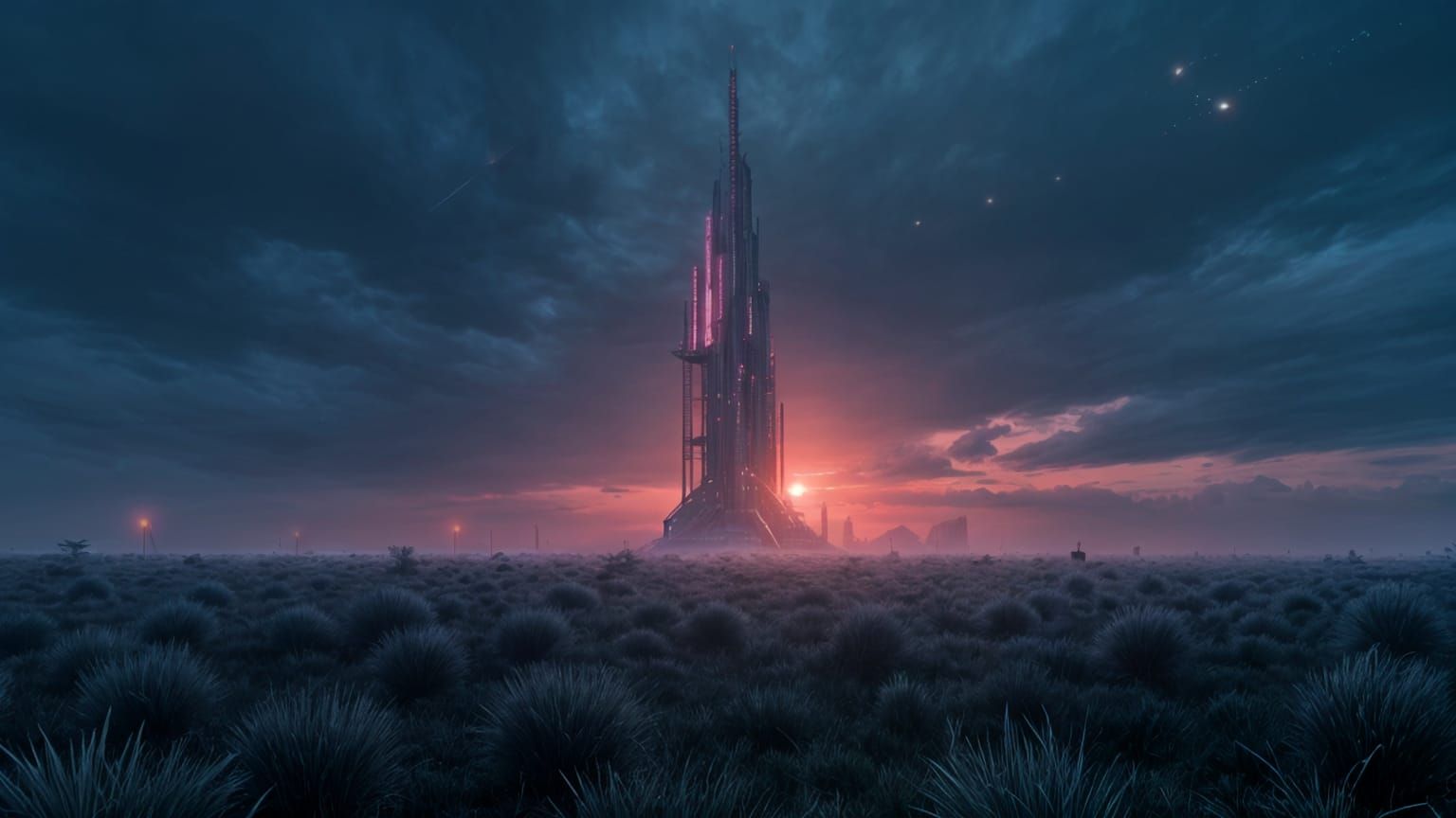 Surreal Cyberpunk Landscape of Endless Grass and Deep Color