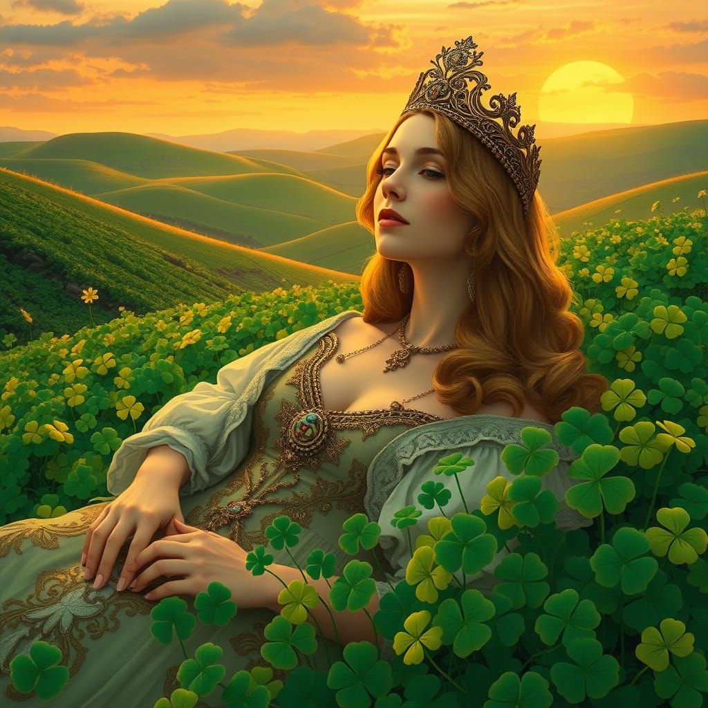 Regal Irish Noblewoman in Emerald Garden at Sunset