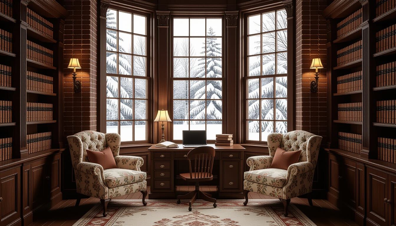 Victorian Library Study with Snowy Window View