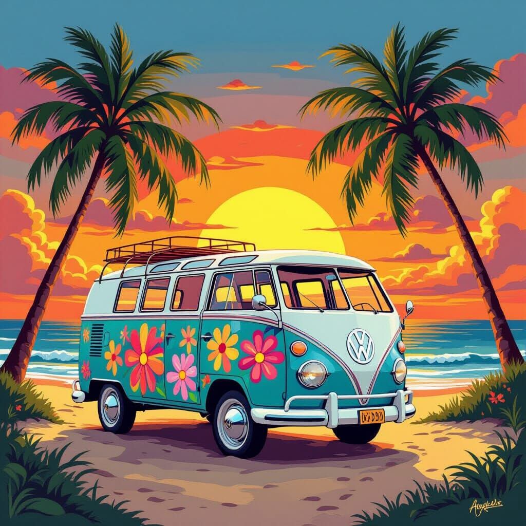 Vintage VW Van at Sunset on Beach