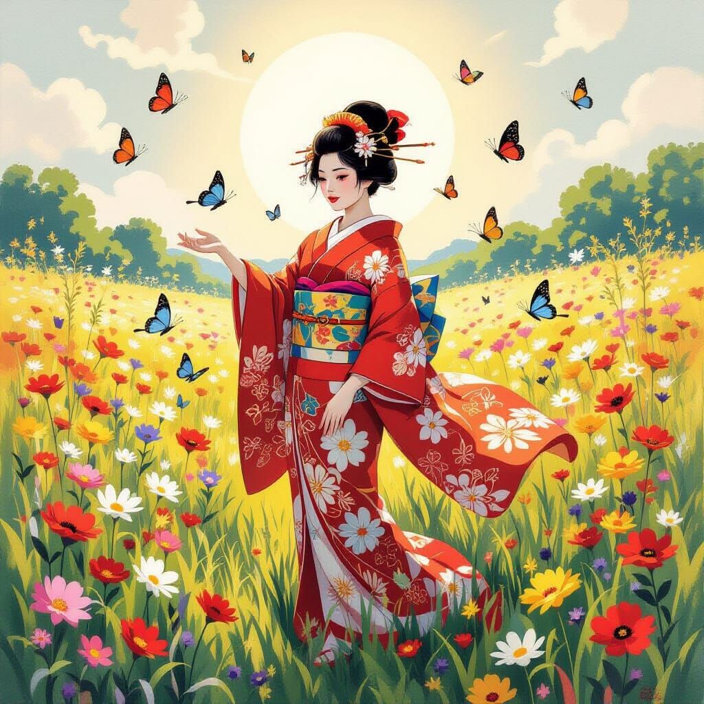 Woman in Ukiyo-e Meadow with Butterflies
