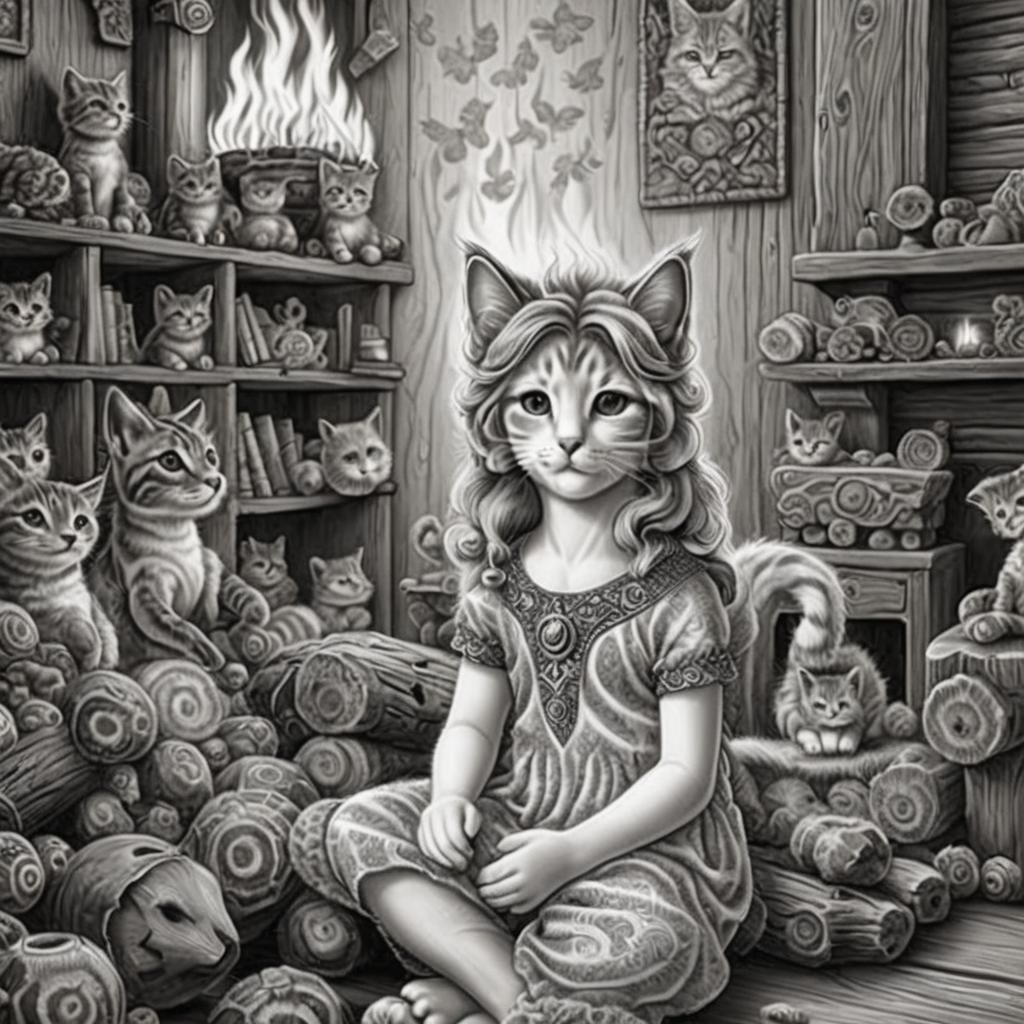 Coloring Page: Kitten Relaxing by Fire