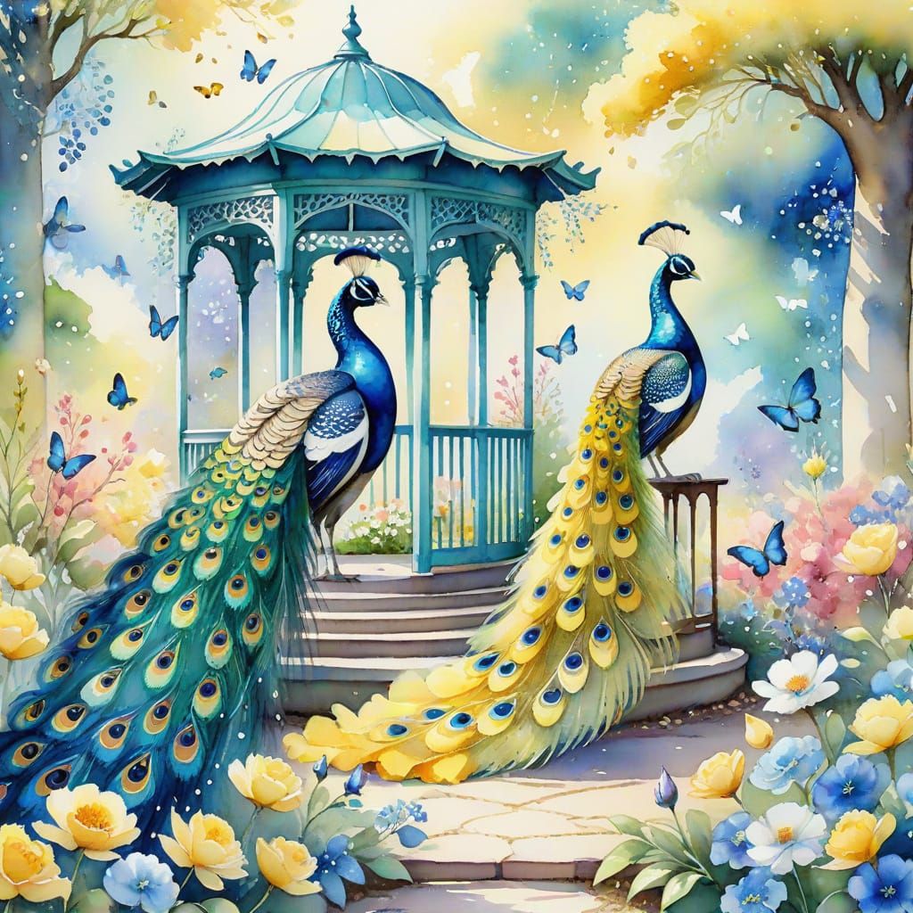 Whimsical Peacocks in a Garden: Dreamy Watercolor Art