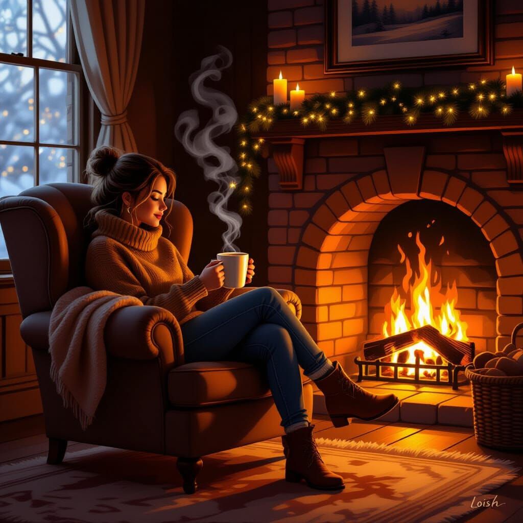 Cozy Fireside Scene with Coffee and Armchair
