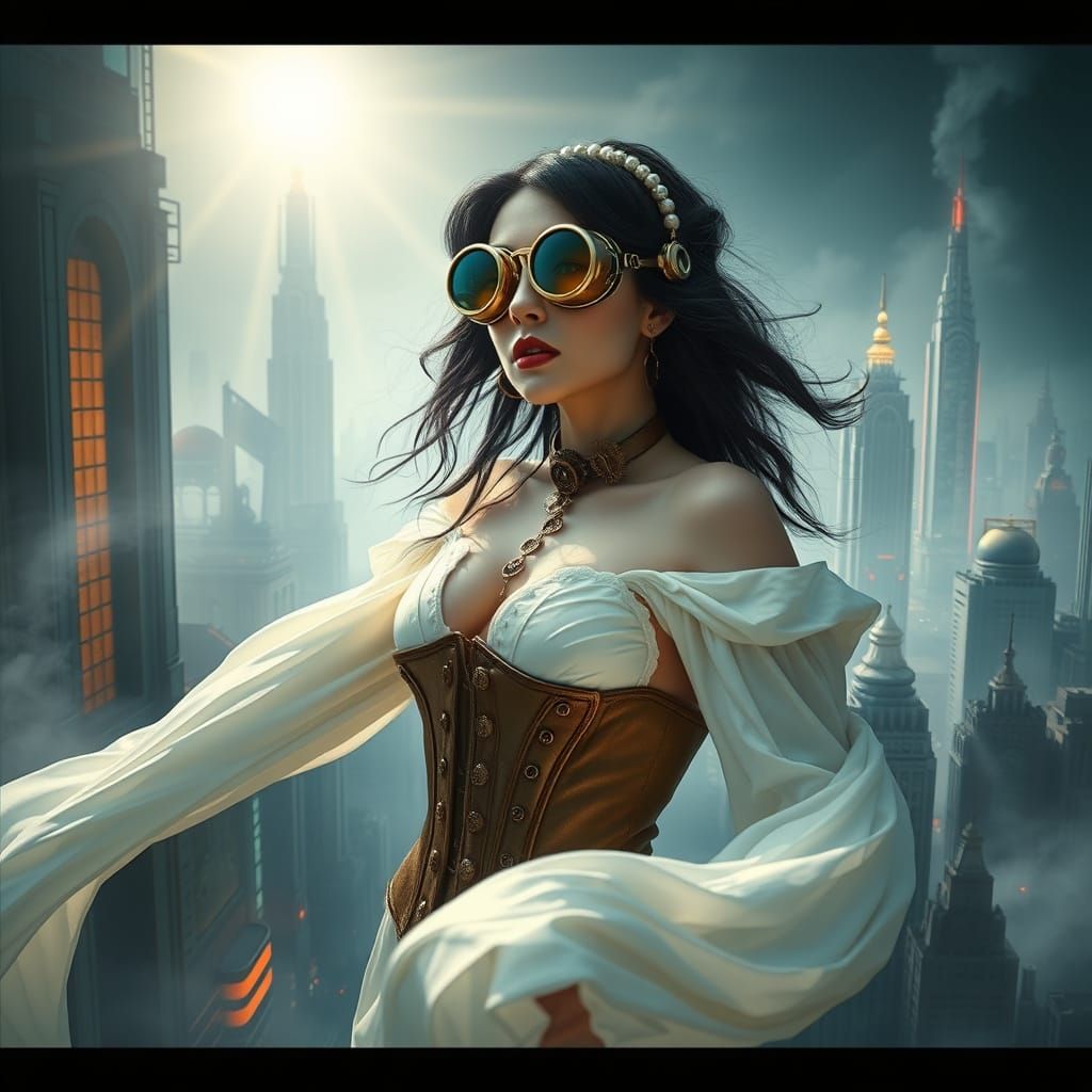 Mystical Steampunk Woman in Cyberpunk Cityscape